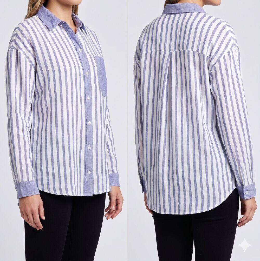 Bella Dahl Small Linen Rayon Button Front Blue White Stripe Top